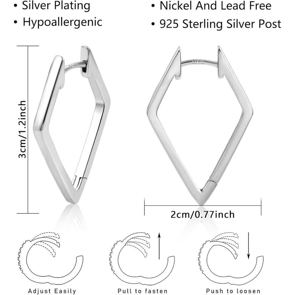 925 Sterling Silver Star Rhombus Hoop Earrings for Women Hypoallergenic Gift - Picture 6 of 6